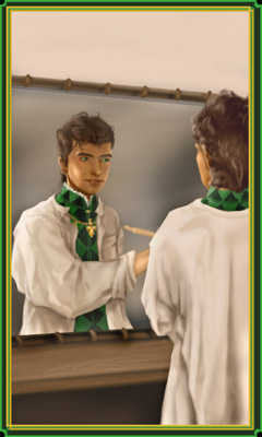 [Green eyed man in mirror]