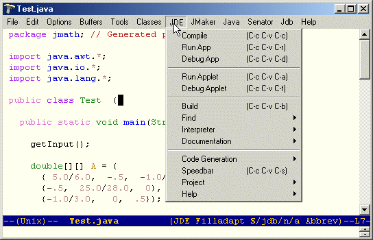 Screenshot showing the JDE menu.