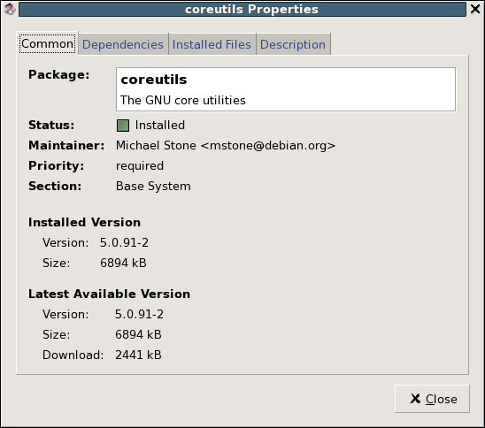 Shows the package details in the Synaptic Package Manager main window.