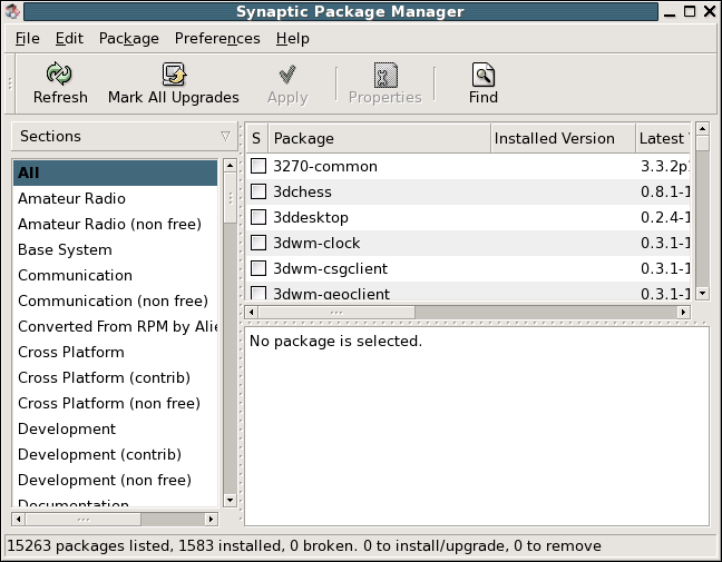 Shows Synaptic Package Manager main window. Contains titlebar, menubar, toolbar, display area, and scrollbars. Menubar contains File, View, Settings, and Help menus.