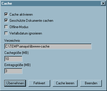 Der Dialog Einstellungen f�r Cache