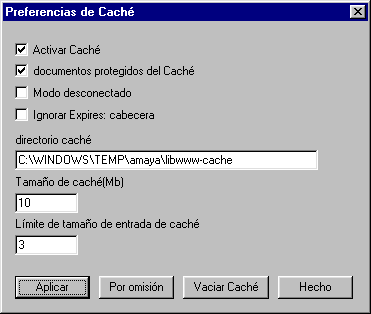 Caja de di�logo Preferencias de Cach�