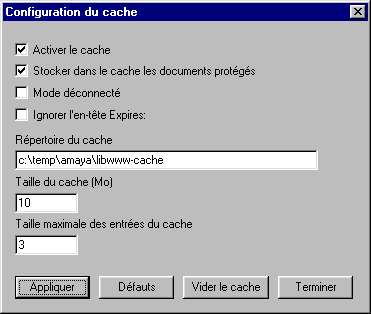 Cache Preferences Menu