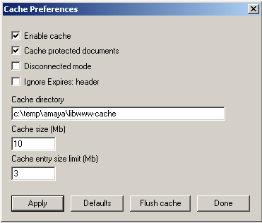 Cache Preferences Dialog