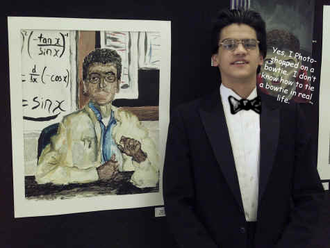 A Picture of Gus in a Tuxedo next to a Painting of Himself, with a Digitally Inserted Bowtie on said Tuxedo.